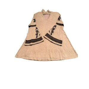 Entro Womens Tan Embroidered Bell Sleeve Cutout Mock Neck Tunic Top Large Boho